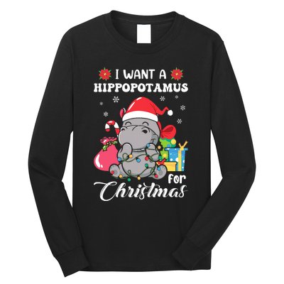 Christmas Hippopotamus Cute Xmas Hippo In Santa Hat Long Sleeve Shirt