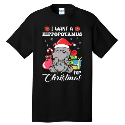 Christmas Hippopotamus Cute Xmas Hippo In Santa Hat Tall T-Shirt