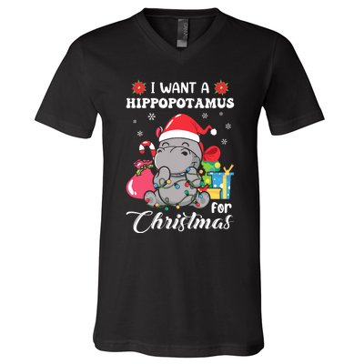 Christmas Hippopotamus Cute Xmas Hippo In Santa Hat V-Neck T-Shirt