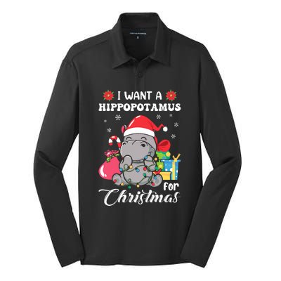 Christmas Hippopotamus Cute Xmas Hippo In Santa Hat Silk Touch Performance Long Sleeve Polo