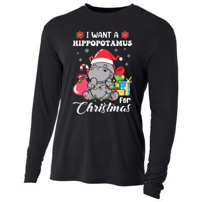 Christmas Hippopotamus Cute Xmas Hippo In Santa Hat Cooling Performance Long Sleeve Crew