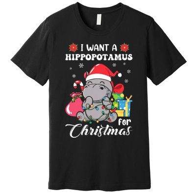 Christmas Hippopotamus Cute Xmas Hippo In Santa Hat Premium T-Shirt