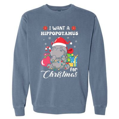 Christmas Hippopotamus Cute Xmas Hippo In Santa Hat Garment-Dyed Sweatshirt