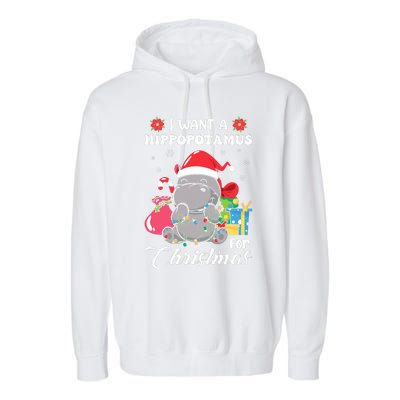 Christmas Hippopotamus Cute Xmas Hippo In Santa Hat Garment-Dyed Fleece Hoodie