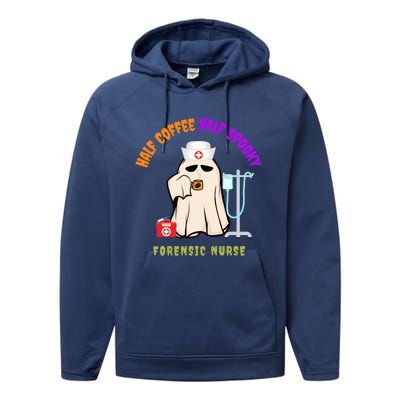 Cute Half Coffee Half Spooky Halloween Forensic Nurse Funny Gift Performance Fleece Hoodie