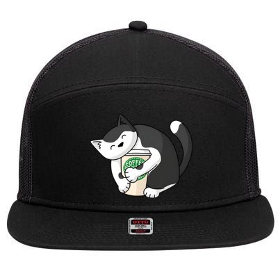 Coffee Hug Cat Coffee Lover Kitten Cute Pet 7 Panel Mesh Trucker Snapback Hat