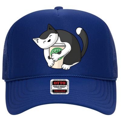 Coffee Hug Cat Coffee Lover Kitten Cute Pet High Crown Mesh Back Trucker Hat