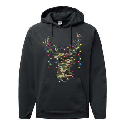 Christmas Holiday Camo Hunting Reindeer Deer Xmas Lights Performance Fleece Hoodie