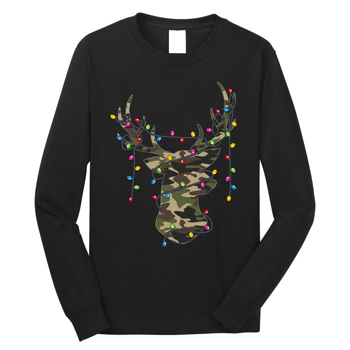 Christmas Holiday Camo Hunting Reindeer Deer Xmas Lights Long Sleeve Shirt