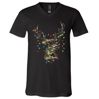 Christmas Holiday Camo Hunting Reindeer Deer Xmas Lights V-Neck T-Shirt