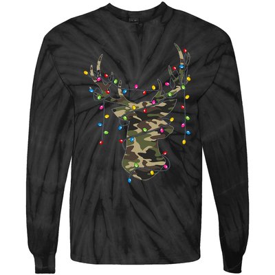 Christmas Holiday Camo Hunting Reindeer Deer Xmas Lights Tie-Dye Long Sleeve Shirt