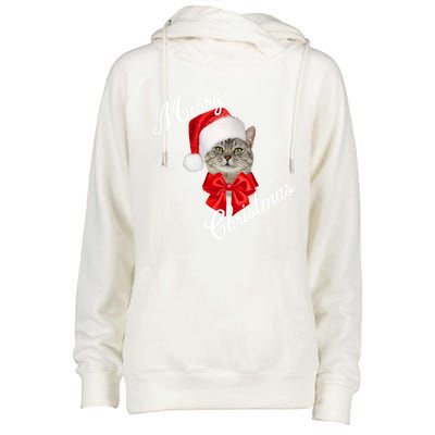 Christmas Holiday Cat Santa Merry Funny Gift Womens Funnel Neck Pullover Hood