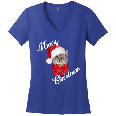 Christmas Holiday Cat Santa Merry Funny Gift Women's V-Neck T-Shirt