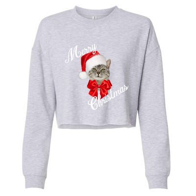 Christmas Holiday Cat Santa Merry Funny Gift Cropped Pullover Crew