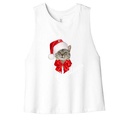 Christmas Holiday Cat Santa Merry Funny Gift Women's Racerback Cropped Tank