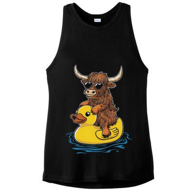 Cute Highland Cow Duck Pool Float Summer Vibes Swimming Ladies PosiCharge Tri-Blend Wicking Tank