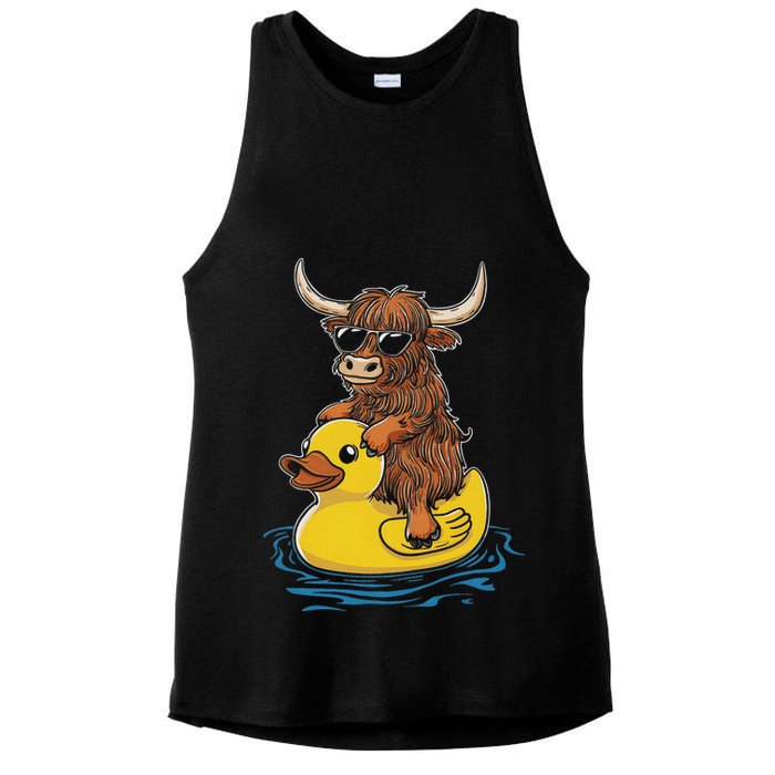 Cute Highland Cow Duck Pool Float Summer Vibes Swimming Ladies PosiCharge Tri-Blend Wicking Tank
