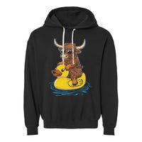 Cute Highland Cow Duck Pool Float Summer Vibes Swimming Garment-Dyed Fleece Hoodie