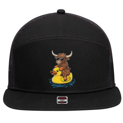Cute Highland Cow Duck Pool Float Summer Vibes Swimming 7 Panel Mesh Trucker Snapback Hat