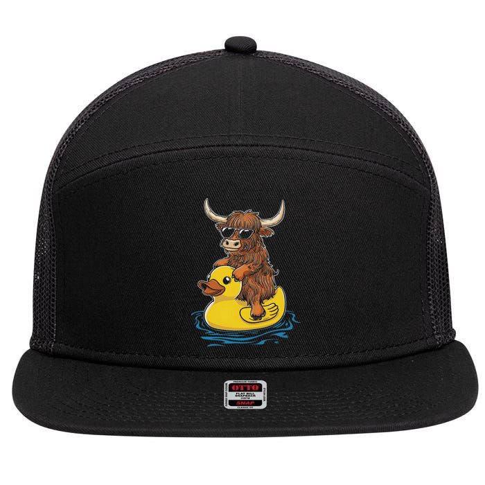 Cute Highland Cow Duck Pool Float Summer Vibes Swimming 7 Panel Mesh Trucker Snapback Hat