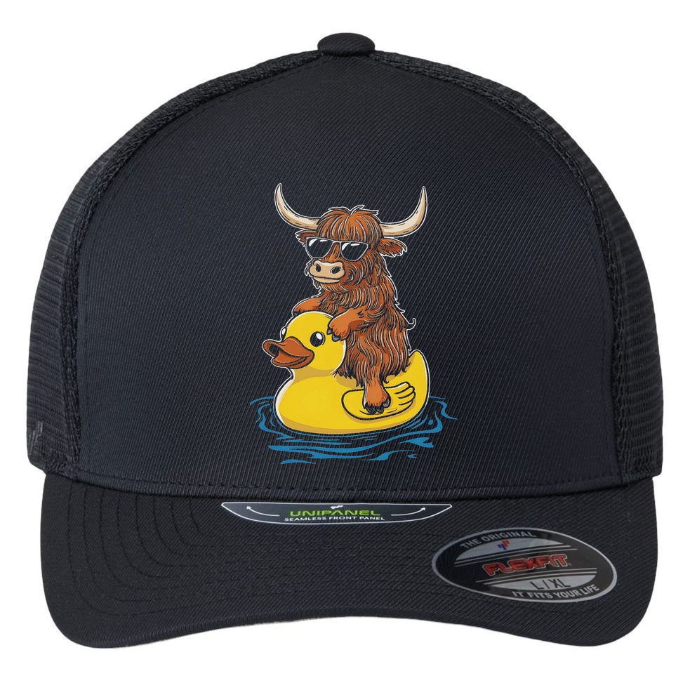 Cute Highland Cow Duck Pool Float Summer Vibes Swimming Flexfit Unipanel Trucker Cap