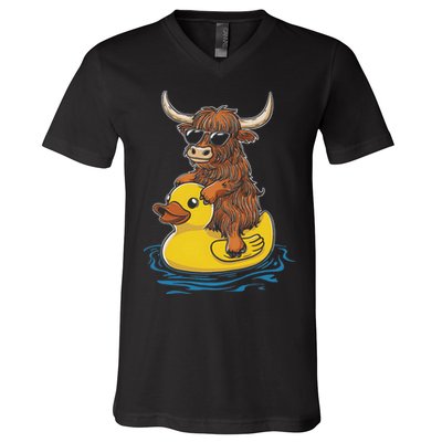 Cute Highland Cow Duck Pool Float Summer Vibes Swimming V-Neck T-Shirt