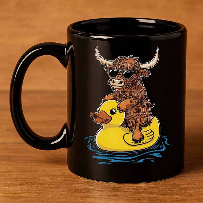 Cute Highland Cow Duck Pool Float Summer Vibes Swimming 11oz C Handle Ceramic Mug