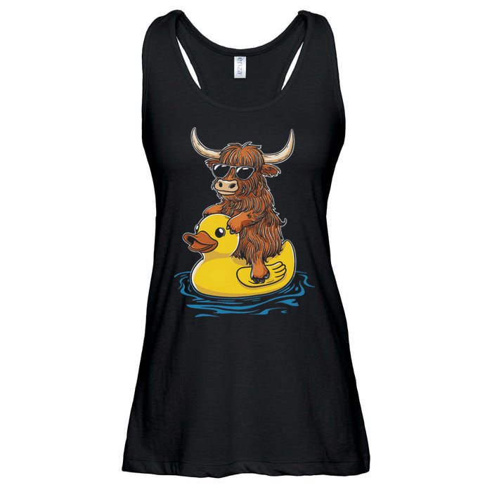 Cute Highland Cow Duck Pool Float Summer Vibes Swimming Ladies Essential Flowy Tank