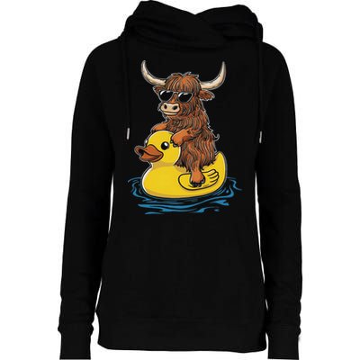 Cute Highland Cow Duck Pool Float Summer Vibes Swimming Womens Funnel Neck Pullover Hood