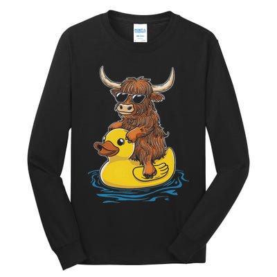 Cute Highland Cow Duck Pool Float Summer Vibes Swimming Tall Long Sleeve T-Shirt