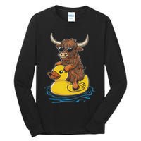 Cute Highland Cow Duck Pool Float Summer Vibes Swimming Tall Long Sleeve T-Shirt