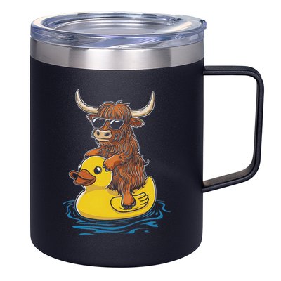 Cute Highland Cow Duck Pool Float Summer Vibes Swimming 12oz Stainless Steel Coffee Mug