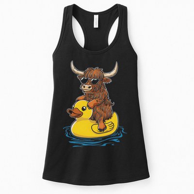 Cute Highland Cow Duck Pool Float Summer Vibes Swimming Womens Tank Top