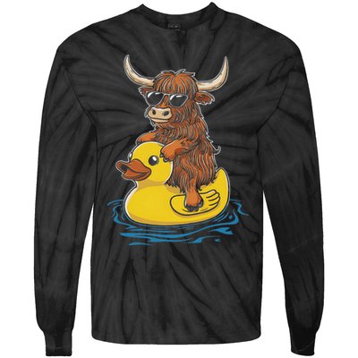 Cute Highland Cow Duck Pool Float Summer Vibes Swimming Tie-Dye Long Sleeve Shirt