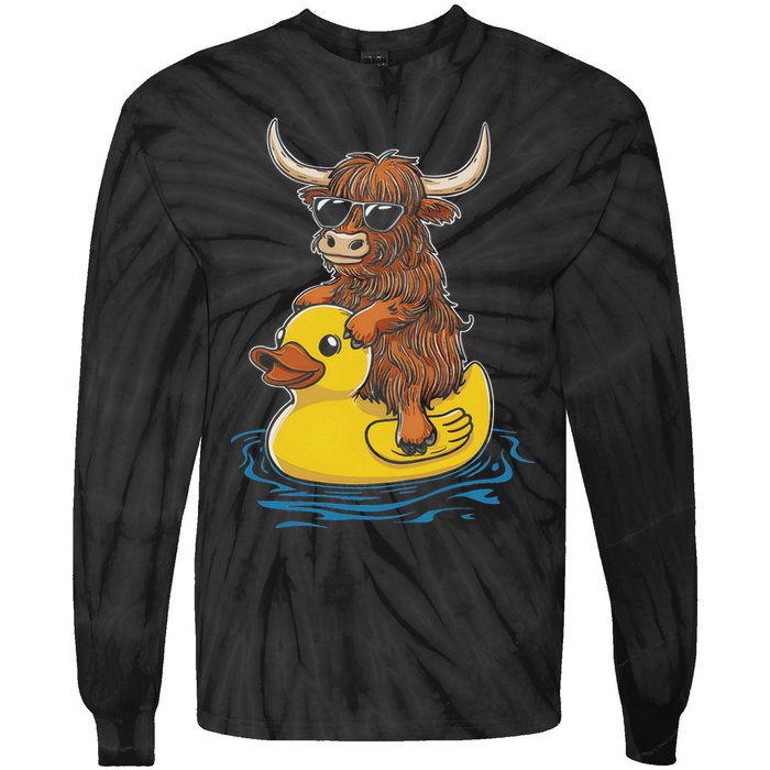 Cute Highland Cow Duck Pool Float Summer Vibes Swimming Tie-Dye Long Sleeve Shirt