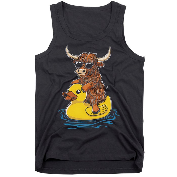 Cute Highland Cow Duck Pool Float Summer Vibes Swimming Tank Top