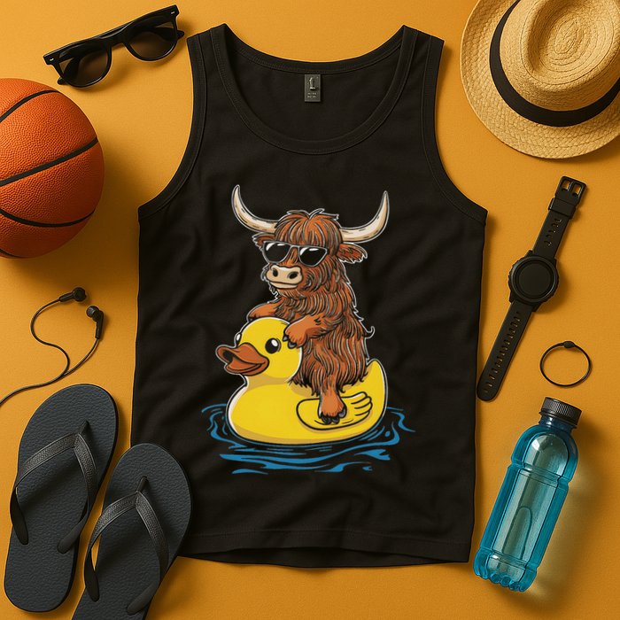 Cute Highland Cow Duck Pool Float Summer Vibes Swimming Tank Top