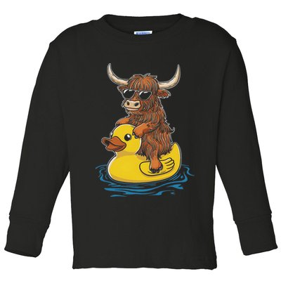 Cute Highland Cow Duck Pool Float Summer Vibes Swimming Toddler Long Sleeve Shirt
