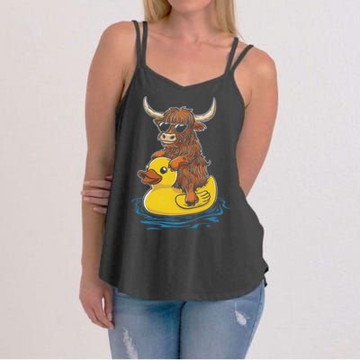 Cute Highland Cow Duck Pool Float Summer Vibes Swimming Women's Strappy Tank