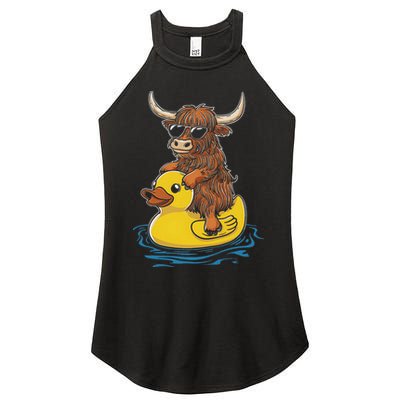 Cute Highland Cow Duck Pool Float Summer Vibes Swimming Women's Perfect Tri Rocker Tank
