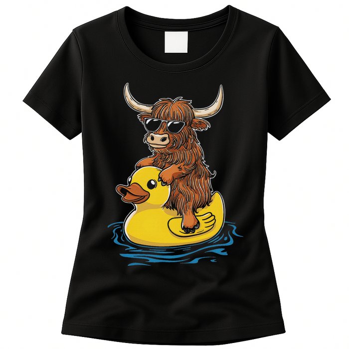 Cute Highland Cow Duck Pool Float Summer Vibes Swimming Womens T-Shirt