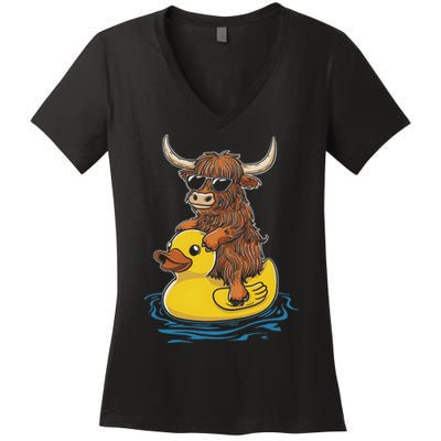 Cute Highland Cow Duck Pool Float Summer Vibes Swimming Women's V-Neck T-Shirt