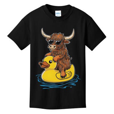 Cute Highland Cow Duck Pool Float Summer Vibes Swimming Kids T-Shirt