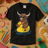 Cute Highland Cow Duck Pool Float Summer Vibes Swimming Kids T-Shirt