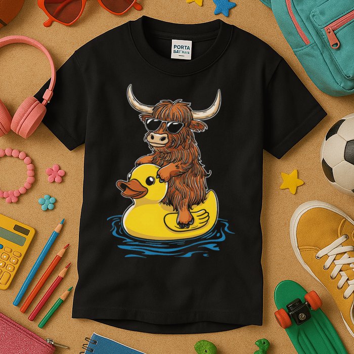Cute Highland Cow Duck Pool Float Summer Vibes Swimming Kids T-Shirt