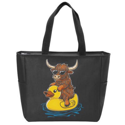 Cute Highland Cow Duck Pool Float Summer Vibes Swimming Zip Tote Bag