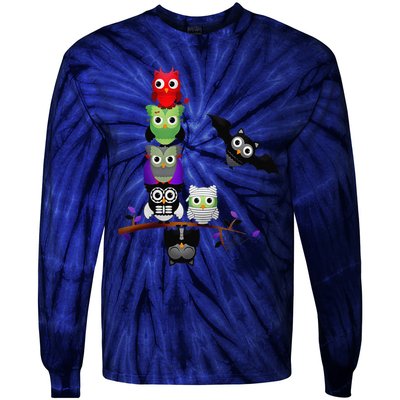 Cute Halloween Classic Monsters Spooky Owls Tie-Dye Long Sleeve Shirt