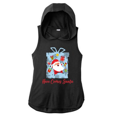 Christmas Here Comes Santa Gift Box Ladies PosiCharge Tri-Blend Wicking Draft Hoodie Tank