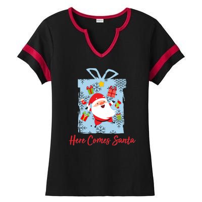 Christmas Here Comes Santa Gift Box Ladies Halftime Notch Neck Tee