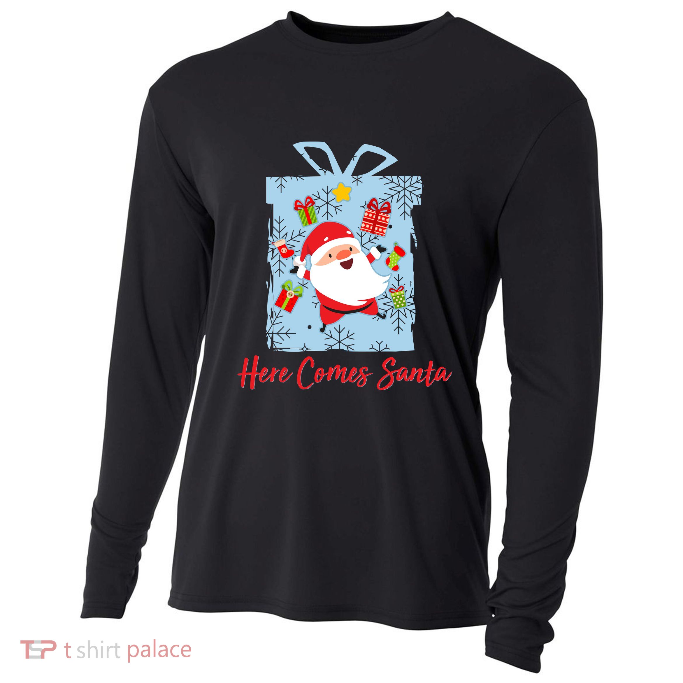 Christmas Here Comes Santa Gift Box Cooling Performance Long Sleeve Crew